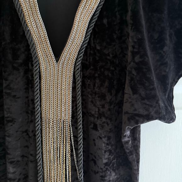Laurie & Joe Black Crushed Velvet Gold Embroidered Kaftan Maxi Dress Fringe Boho - Picture 5 of 11